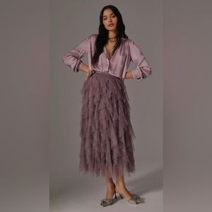 Chéri Ruffled Tulle Midi Skirt in Mauve color